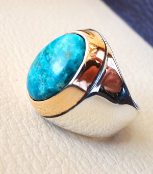 man ring chryscolla natural stone sterling silver 925 and bronze oval cabochon semi precious blue gem ottoman arabic style all sizes jewelry