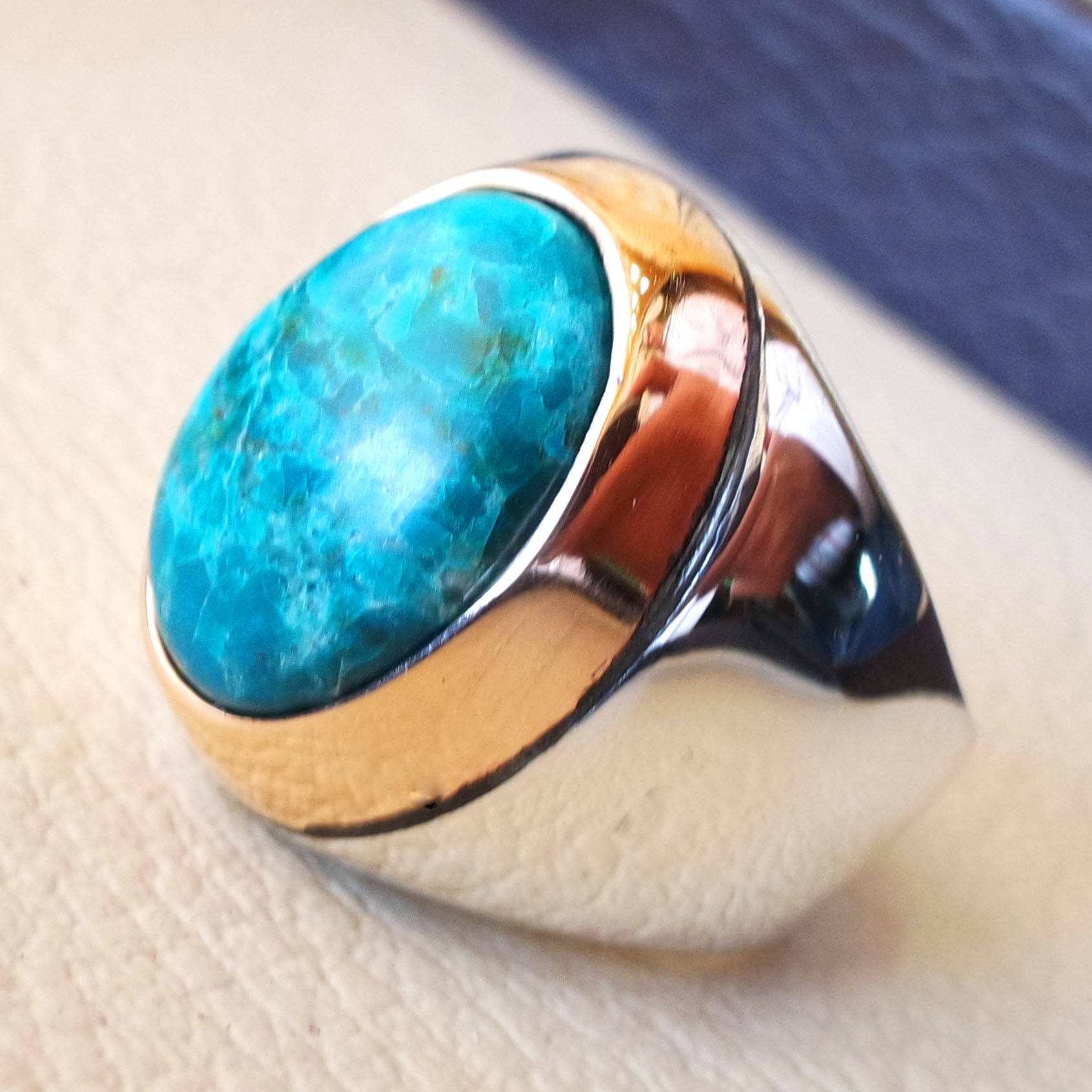 man ring chryscolla natural stone sterling silver 925 and bronze oval cabochon semi precious blue gem ottoman arabic style all sizes jewelry