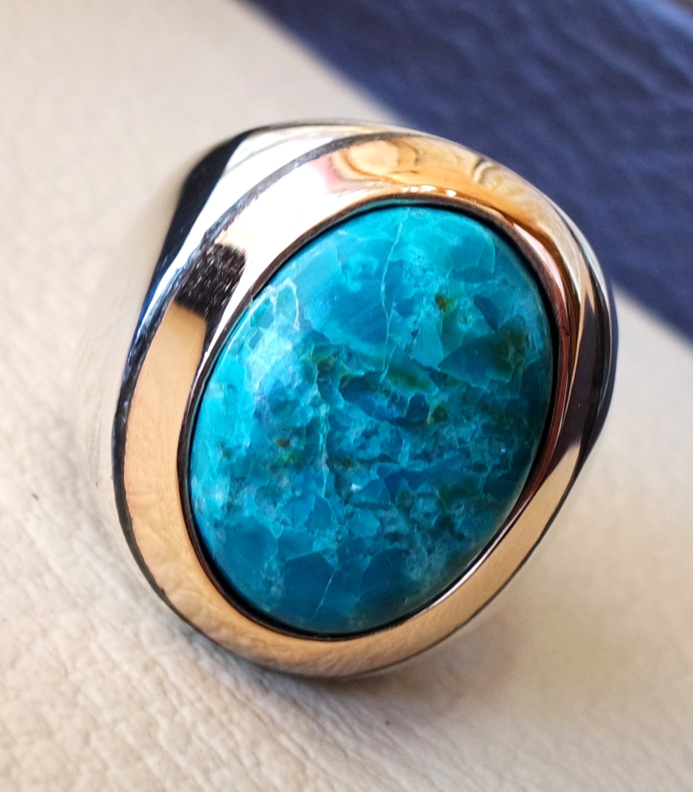man ring chryscolla natural stone sterling silver 925 and bronze oval cabochon semi precious blue gem ottoman arabic style all sizes jewelry