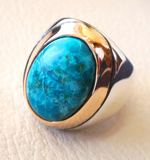 man ring chryscolla natural stone sterling silver 925 and bronze oval cabochon semi precious blue gem ottoman arabic style all sizes jewelry