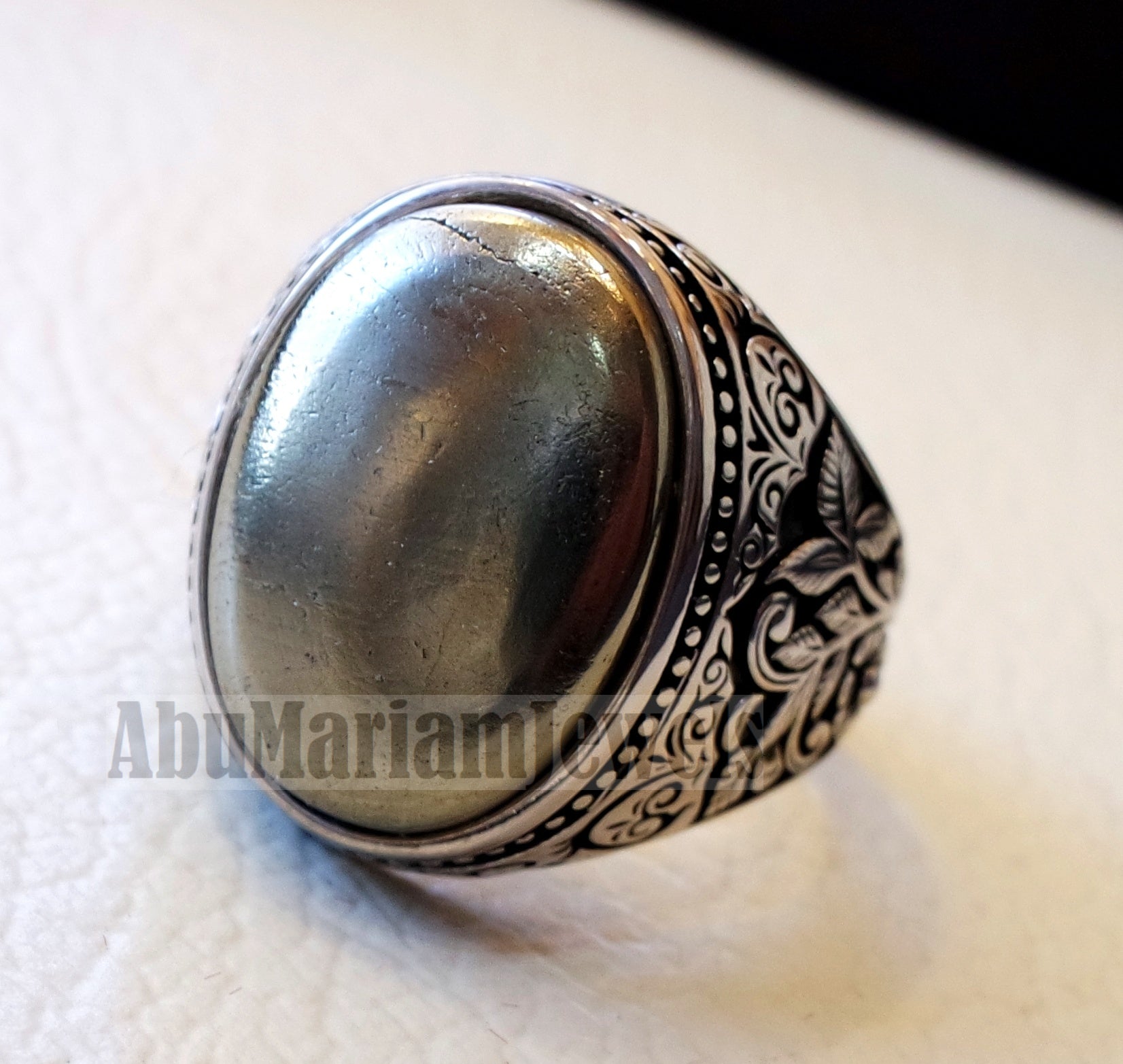 Pyrite natural stone oval gray silver cabochon gem with slightly gold hue color , man ring sterling silver style