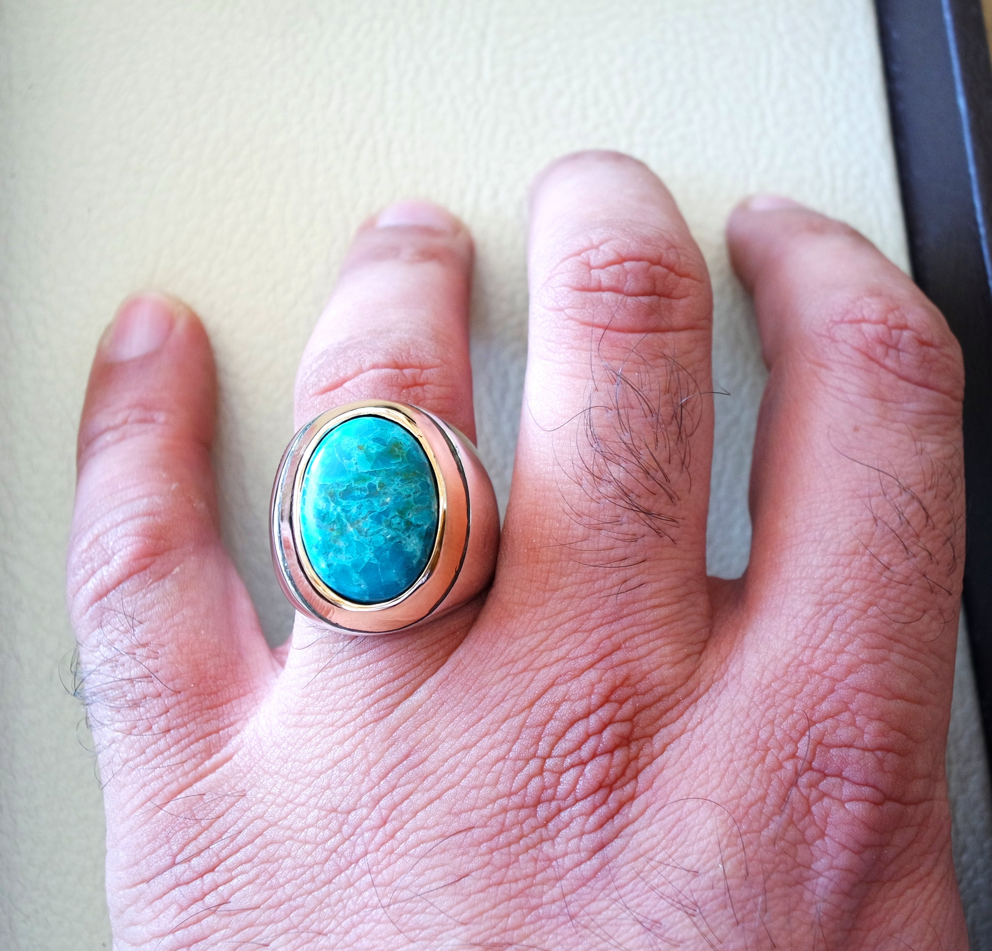 man ring chryscolla natural stone sterling silver 925 and bronze oval cabochon semi precious blue gem ottoman arabic style all sizes jewelry