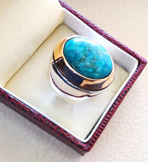 man ring chryscolla natural stone sterling silver 925 and bronze oval cabochon semi precious blue gem ottoman arabic style all sizes jewelry