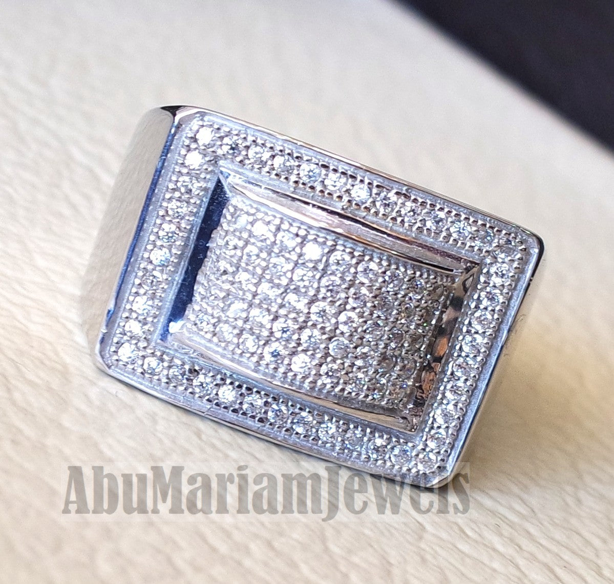 Micro pave cubic zirconia white stones diamond style sterling silver 925 heavy stunning men ring all sizes .