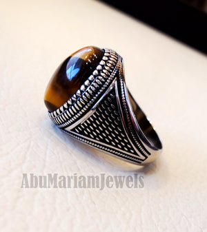 men ring sterling silver 925 cat eye tiger eye natural cabochon stone any size ottoman turkish middle eastern arabic jewelry