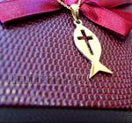 18K gold Icthys jesus pendant with chain 18K gold jewelry christianity fish bible and cross biblical necklace handmade express shipping