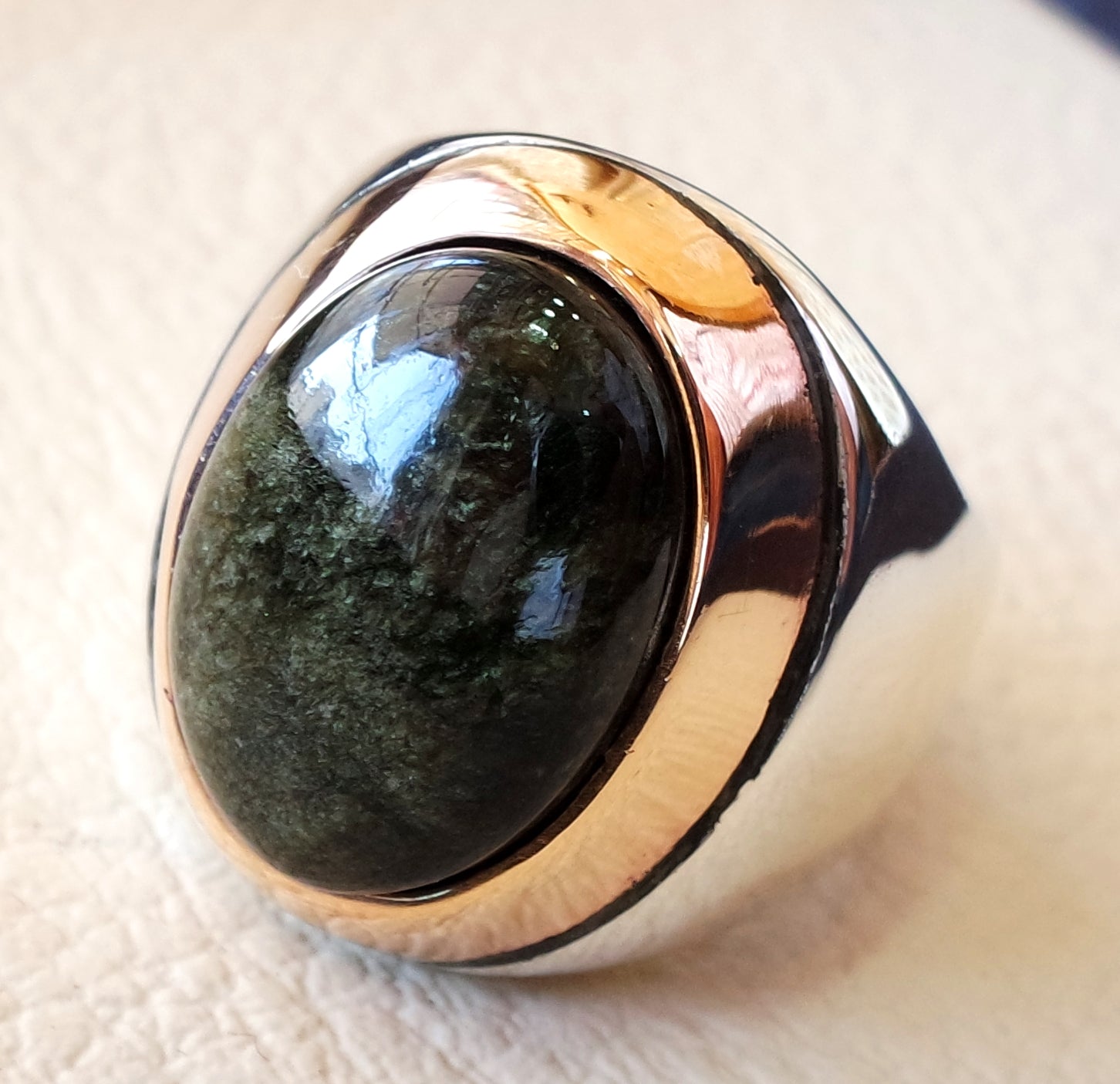 Gold sheen obsidian black aqeeq heavy men ring natural stone sterling silver 925 and bronze vintage turkish style all sizes fast shipping
