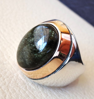 Gold sheen obsidian black aqeeq heavy men ring natural stone sterling silver 925 and bronze vintage turkish style all sizes fast shipping