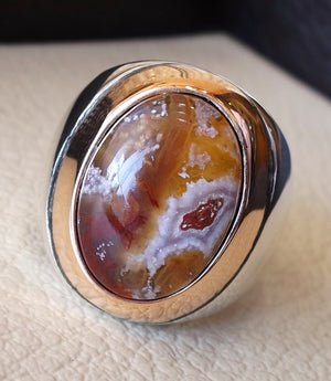 Agua nevada aqeeq sulymani natural stone sterling silver 925 and bronze man ring ottoman middle eastern antique style any size عقيق سليماني