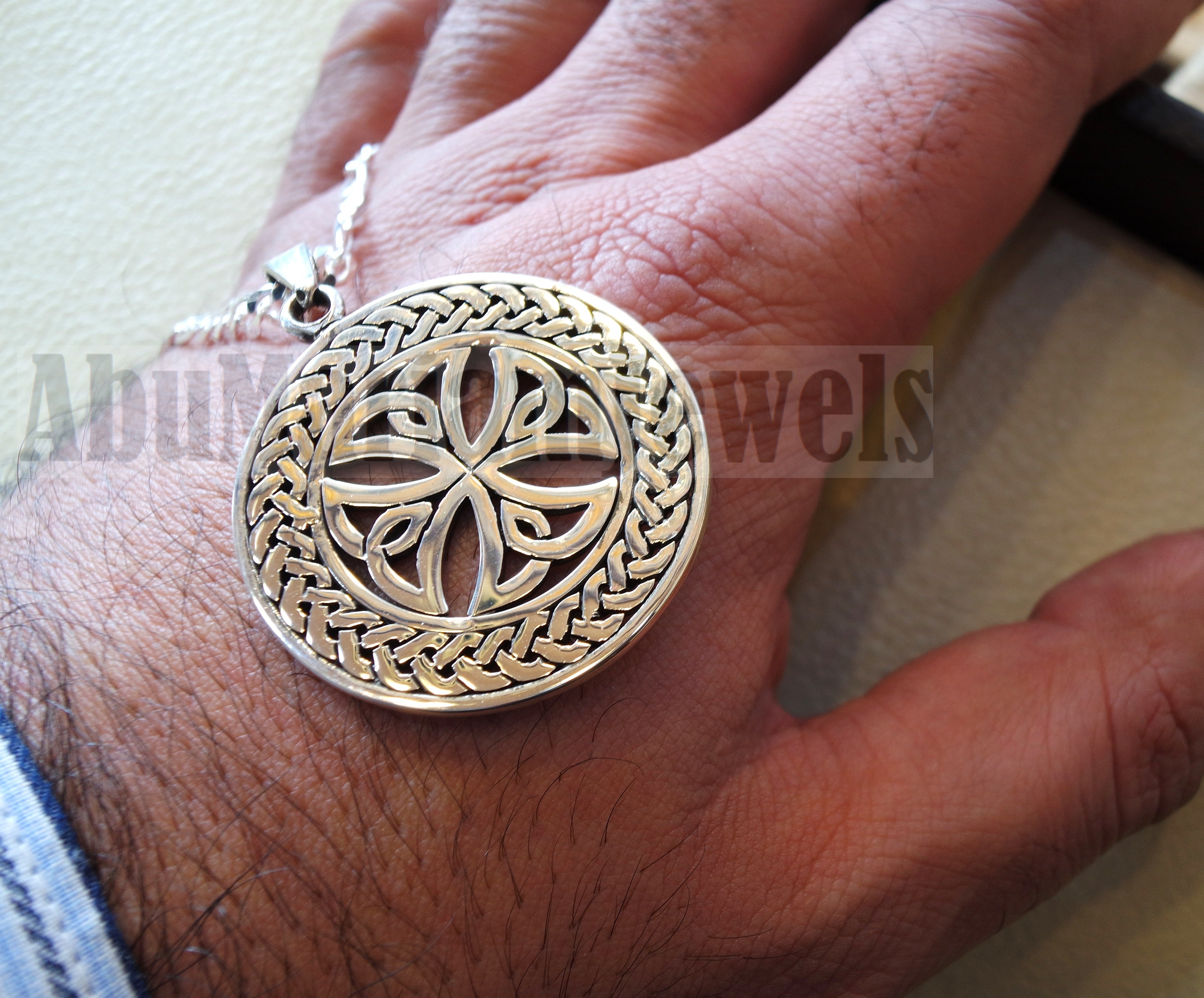 Celtic round cross with thick chain pendant sterling silver 925 jewelry christianity vintage handmade heavy express shipping Christ religion