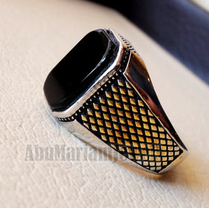 cushion rectangular octagon black onyx agate aqeeq man ring sterling silver 925 and 14k gold plating natural stone gem all sizes jewelry