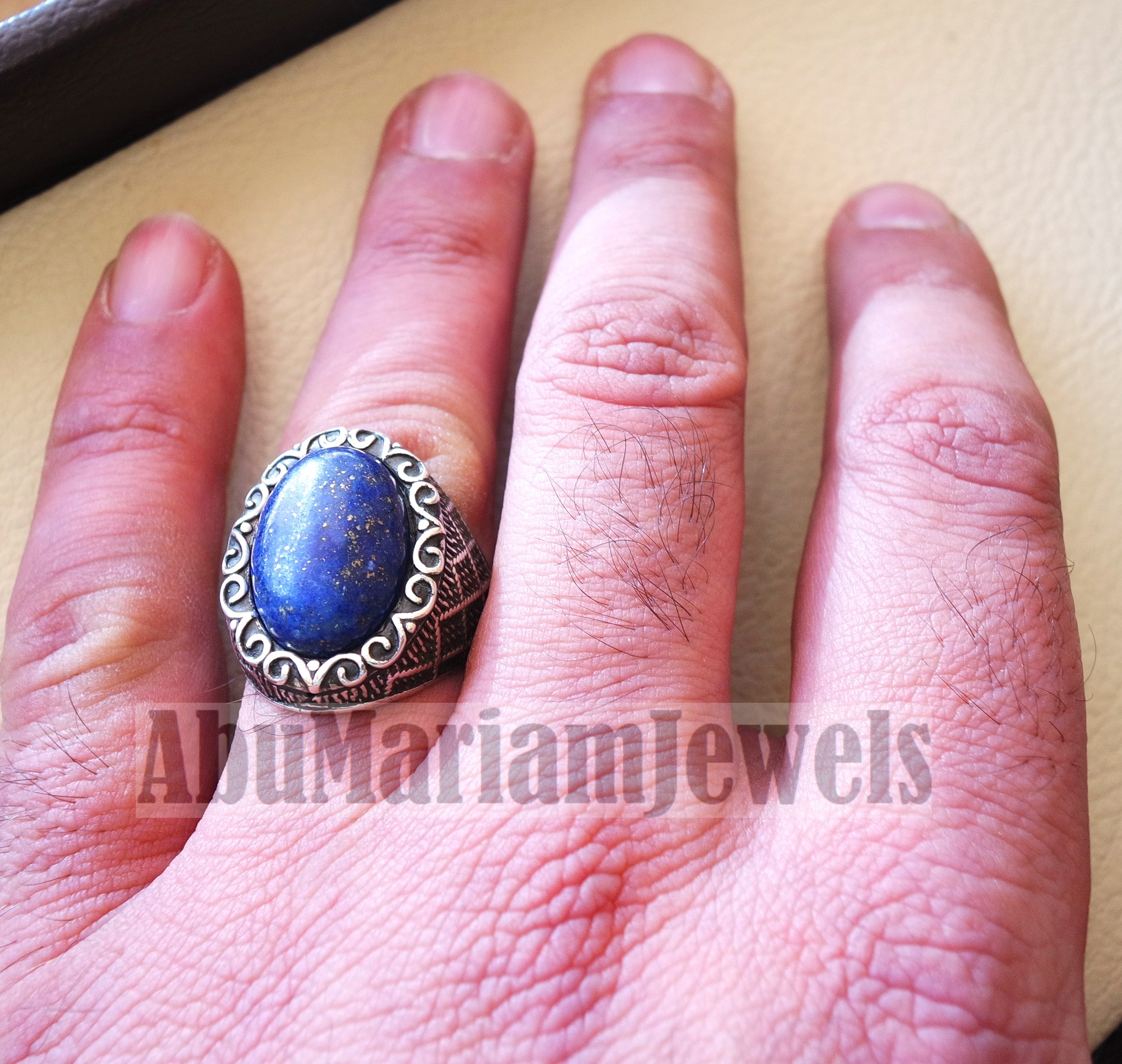lapis lazuli natural semi precious blue stone man sterling silver 925 ring gemstone oval gem jewelry all sizes ottoman style