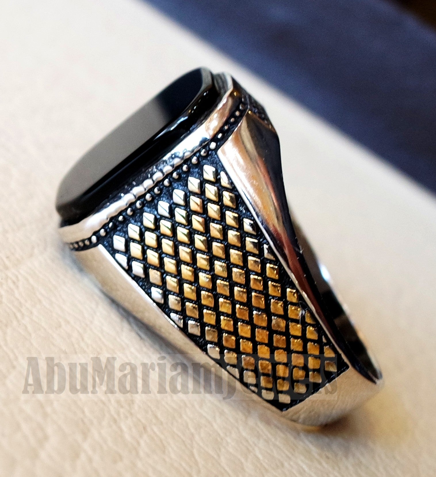 cushion rectangular octagon black onyx agate aqeeq man ring sterling silver 925 and 14k gold plating natural stone gem all sizes jewelry