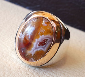 Agua nevada aqeeq sulymani natural stone sterling silver 925 and bronze man ring ottoman middle eastern antique style any size عقيق سليماني