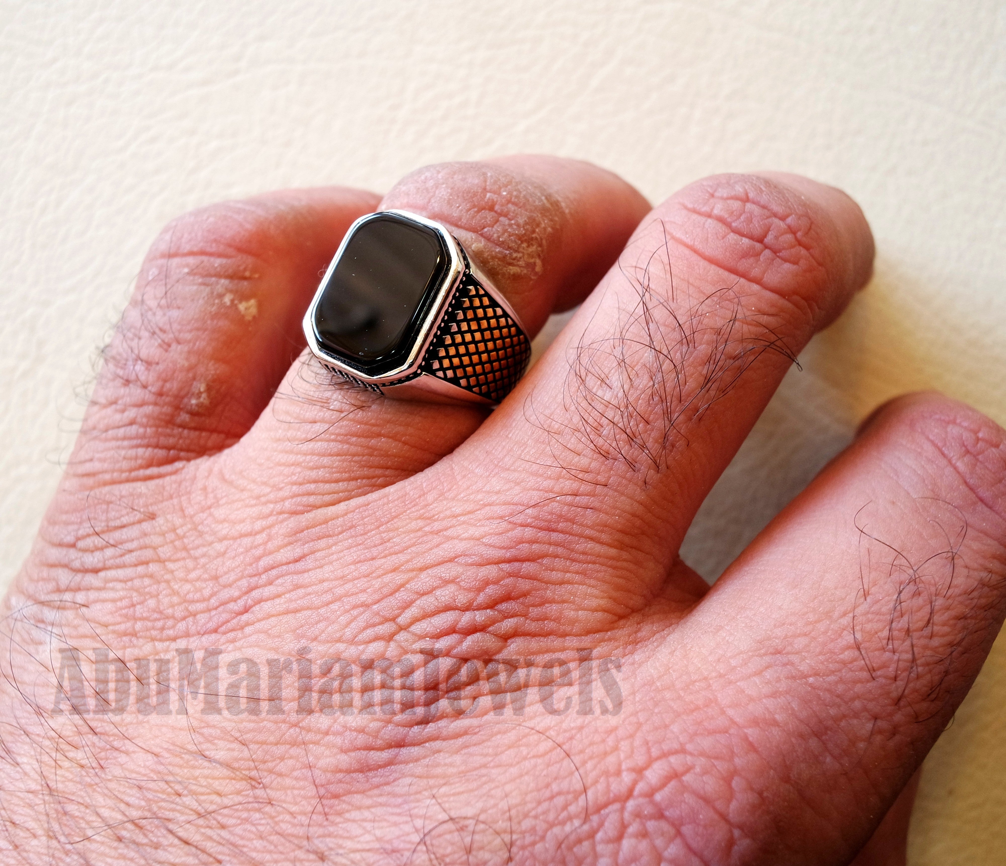 cushion rectangular octagon black onyx agate aqeeq man ring sterling silver 925 and 14k gold plating natural stone gem all sizes jewelry