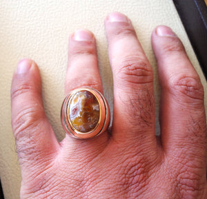 Agua nevada aqeeq sulymani natural stone sterling silver 925 and bronze man ring ottoman middle eastern antique style any size عقيق سليماني