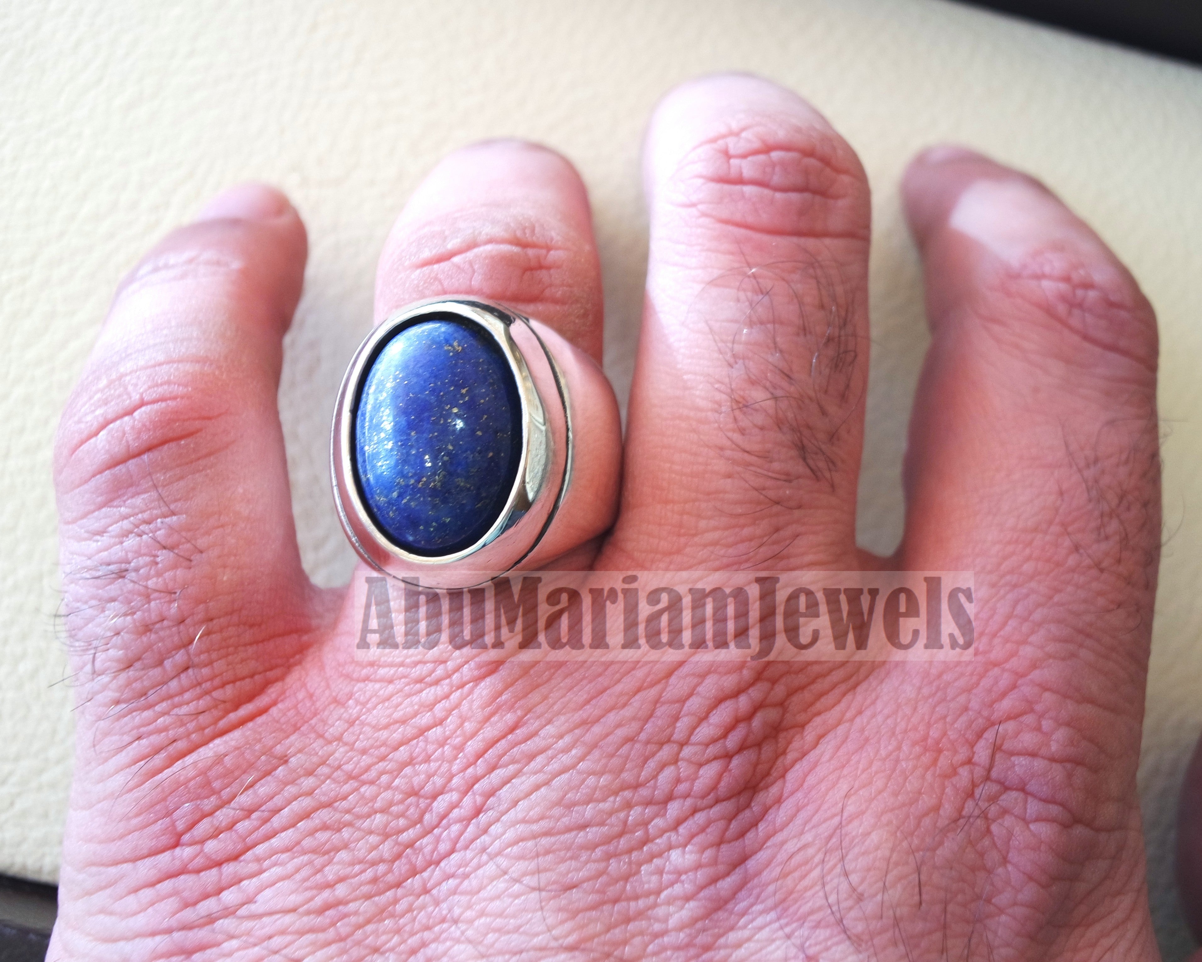 lapis lazuli oval cabochon natural blue stone heavy ring sterling silver 925 men jewelry all sizes 18 * 13 mm ottoman middle eastern