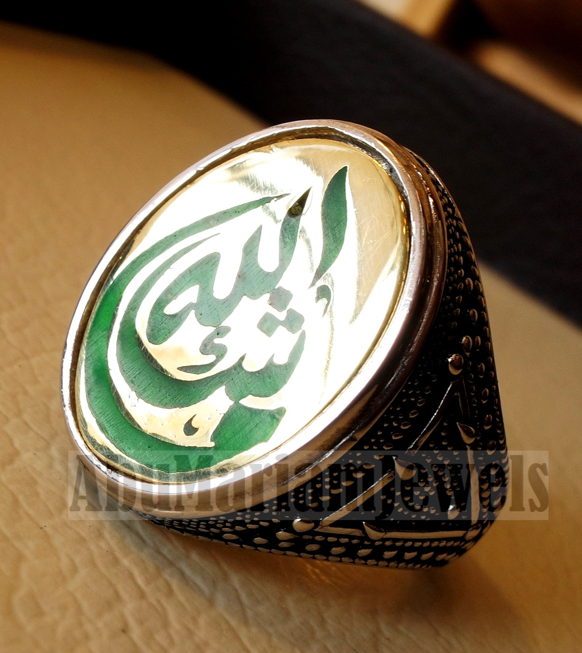 men ring Ayet Arabic islamic quraan verses Mashallah green enamel sterling silver 925 bronze any size jewelry man gift خاتم ماشاء الله