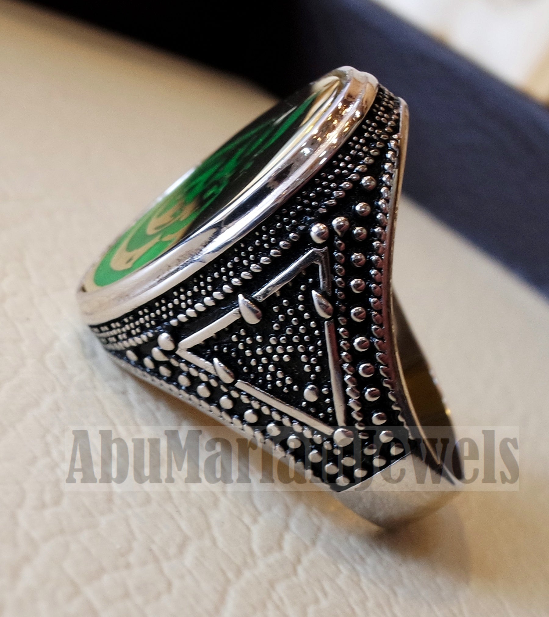 men ring Ayet Arabic islamic quraan verses Mashallah green enamel sterling silver 925 bronze any size jewelry man gift خاتم ماشاء الله