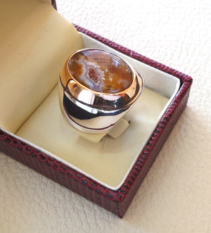 Agua nevada aqeeq sulymani natural stone sterling silver 925 and bronze man ring ottoman middle eastern antique style any size عقيق سليماني
