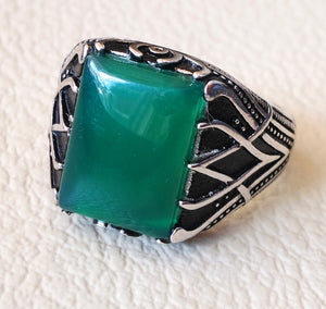 ottoman green onyx agate aqeeq sterling silver 925 antique men ring arabic jewelry any size fast shipping natural rectangular stone