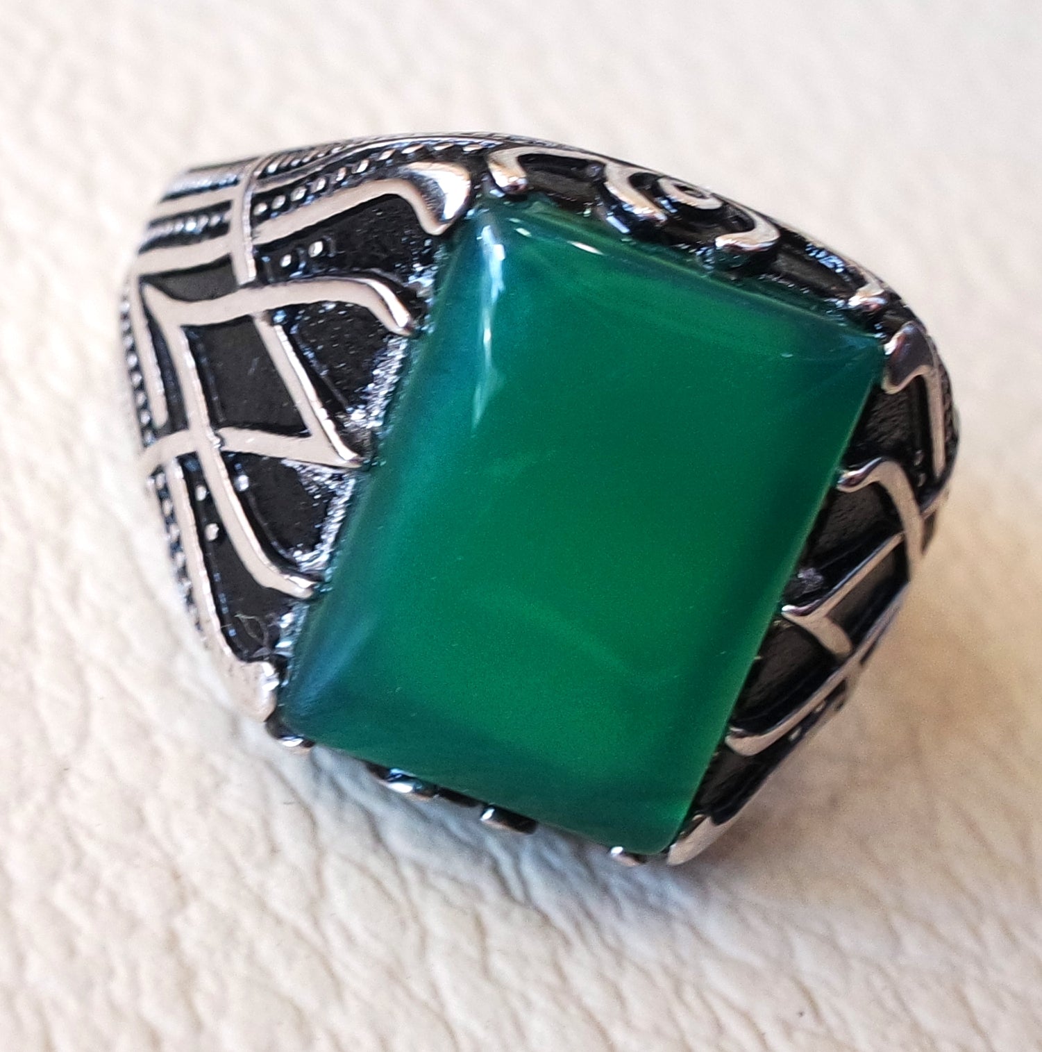 ottoman green onyx agate aqeeq sterling silver 925 antique men ring arabic jewelry any size fast shipping natural rectangular stone