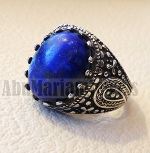 man ring lapis lazuli oval cabochon natural dark blue stone sterling silver 925 men jewelry all sizes 16 * 12 mm antique middle eastern