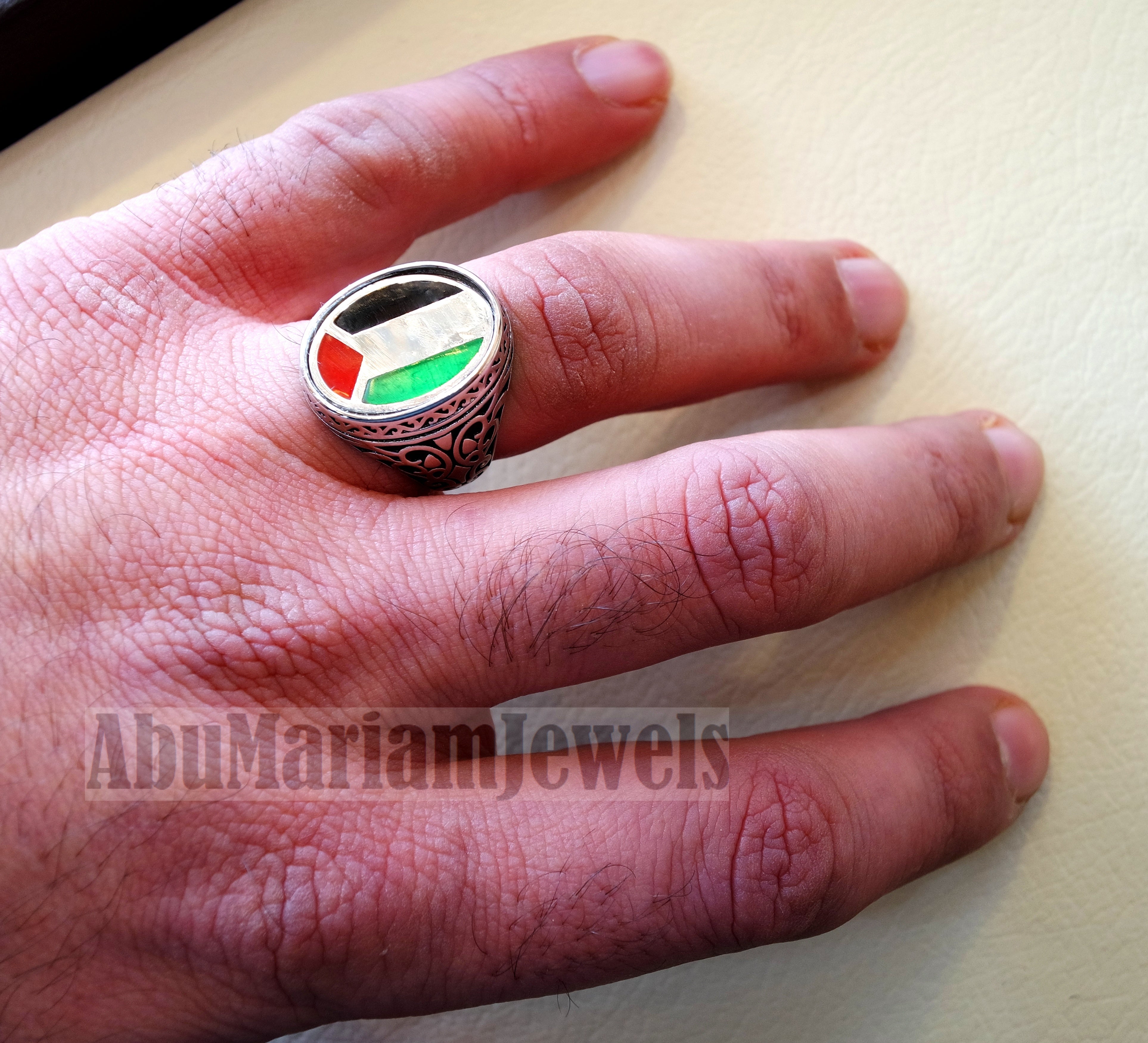 Palestine flag man ring sterling silver and color enamel arabic middle eastern turkey oriental antique style fast shipping all sizes
