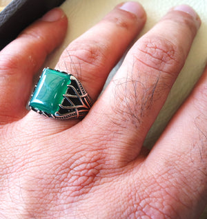 ottoman green onyx agate aqeeq sterling silver 925 antique men ring arabic jewelry any size fast shipping natural rectangular stone