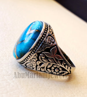 copper turquoise natural stone men sterling silver 925 ring oval cabochon semi precious gem ottoman nature style all sizes jewelry