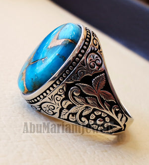 copper turquoise natural stone men sterling silver 925 ring oval cabochon semi precious gem ottoman nature style all sizes jewelry