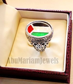 Palestine flag man ring sterling silver and color enamel arabic middle eastern turkey oriental antique style fast shipping all sizes