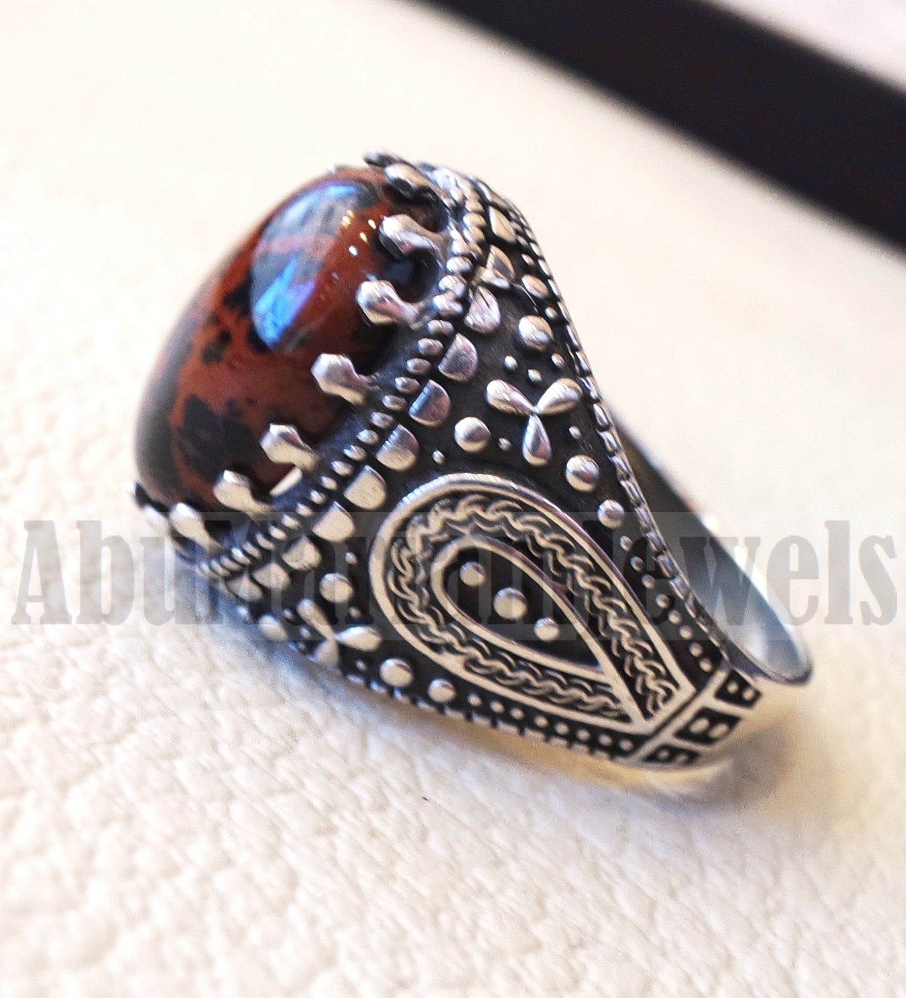 mahagony obsidian man ring stone natural gem sterling silver 925 ring brown and black oval semi precious cabochon jewelry protective stone