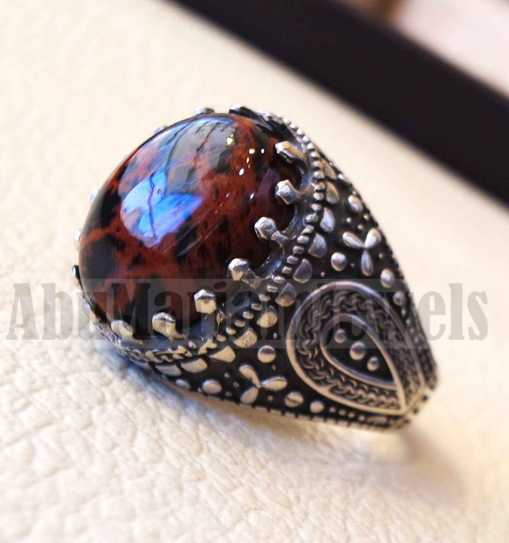 mahagony obsidian man ring stone natural gem sterling silver 925 ring brown and black oval semi precious cabochon jewelry protective stone