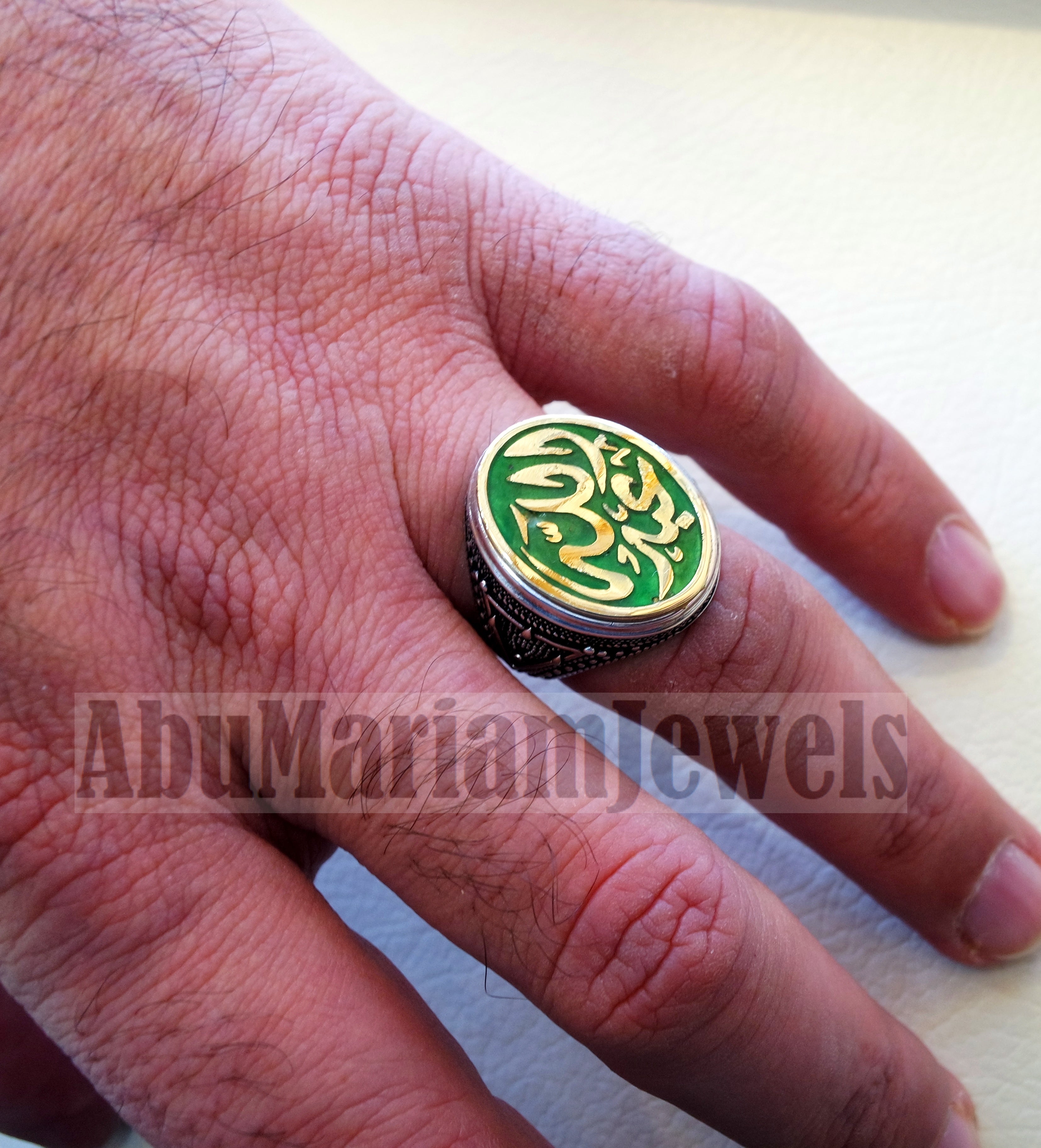 Customized Arabic calligraphy names ring personalized sterling silver 925 and bronze with green enamel TSE1002 خاتم اسم تفصيل