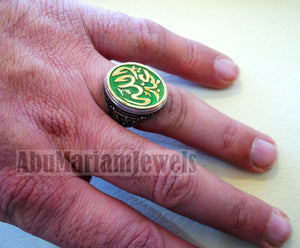 Customized Arabic calligraphy names ring personalized sterling silver 925 and bronze with green enamel TSE1002 خاتم اسم تفصيل