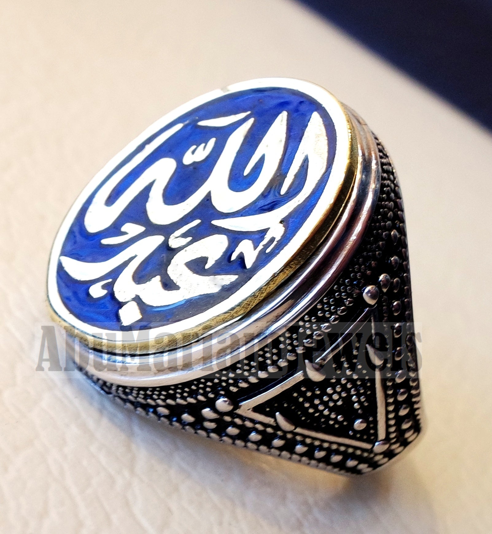 Customized Arabic calligraphy names ring personalized sterling silver 925 and bronze with dark blue enamel TSE1003 خاتم اسم تفصيل