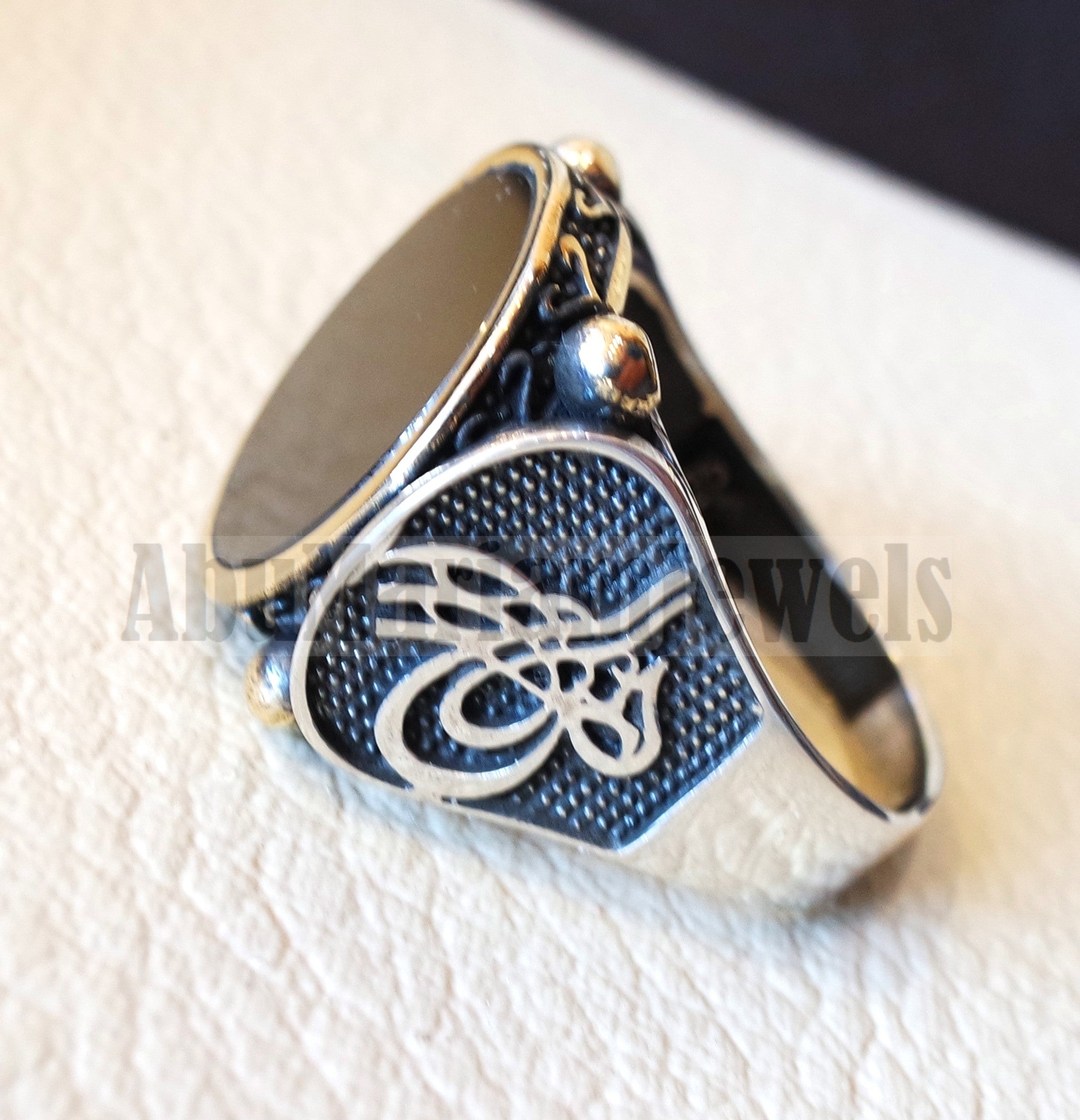 Ottoman style heavy sterling silver 925 men ring natural onyx round stone all sizes bronze frame middle eastern traditional jewelry