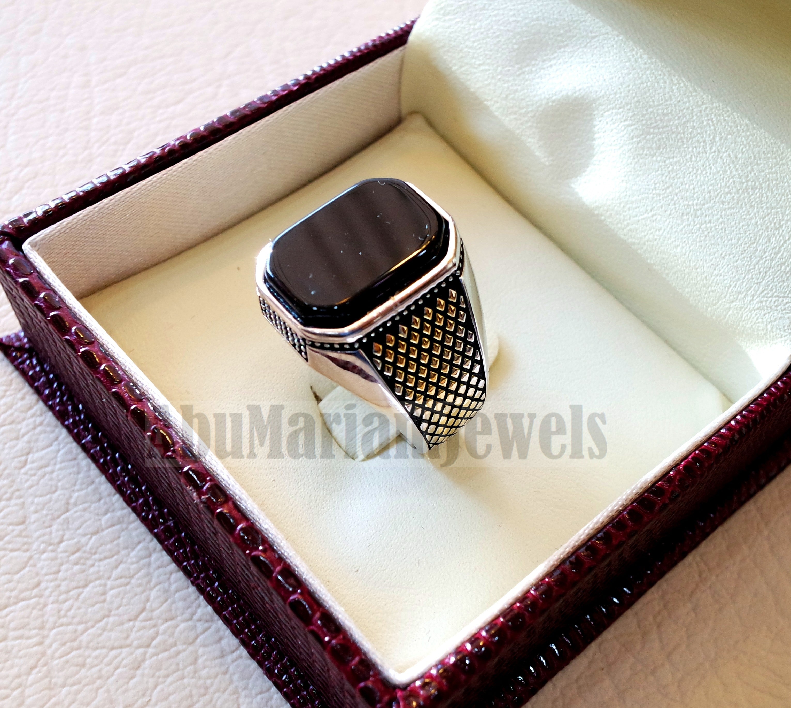 cushion rectangular octagon black onyx agate aqeeq man ring sterling silver 925 and 14k gold plating natural stone gem all sizes jewelry