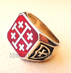 Jerusalem Cross ring christ christian symbol sterling silver 925 red enamel man gift jewelry fast shipping square shape Catholic Orthodox