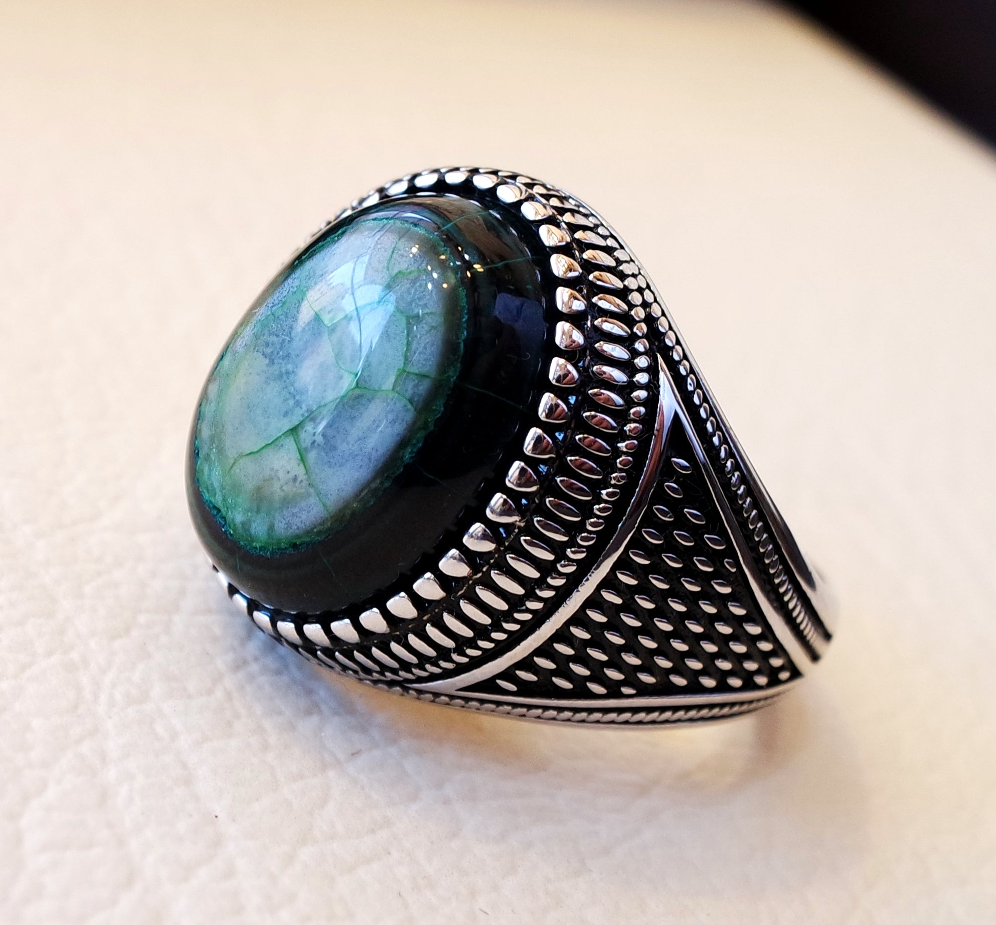 Akeek agate green natural aqeeq stone semi precious men ring sterling silver 925 all sizes antique ottoman middle east style jewelry