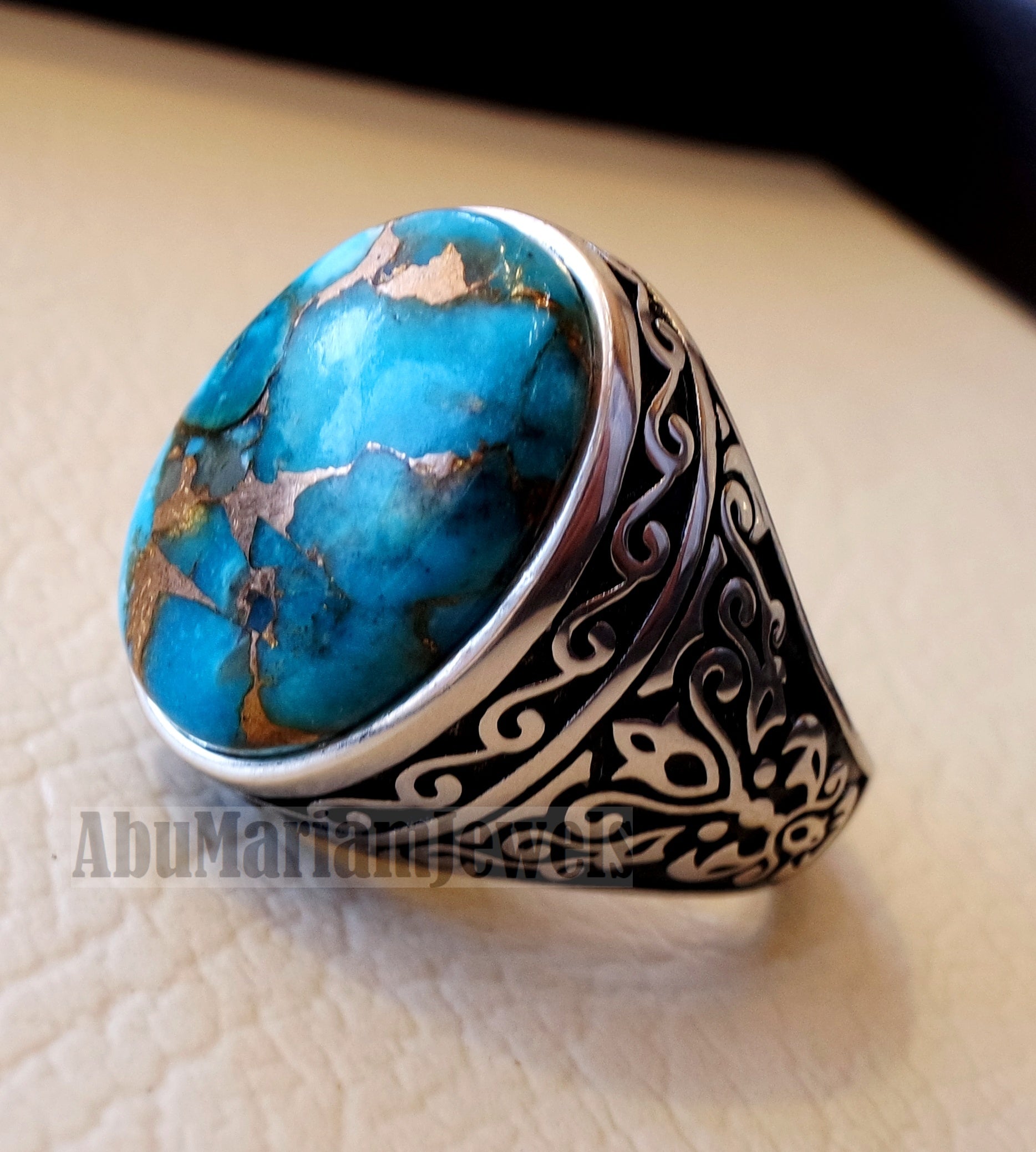 copper turquoise natural stone men sterling silver 925 ring oval cabochon semi precious gem Ottoman style all sizes jewelry
