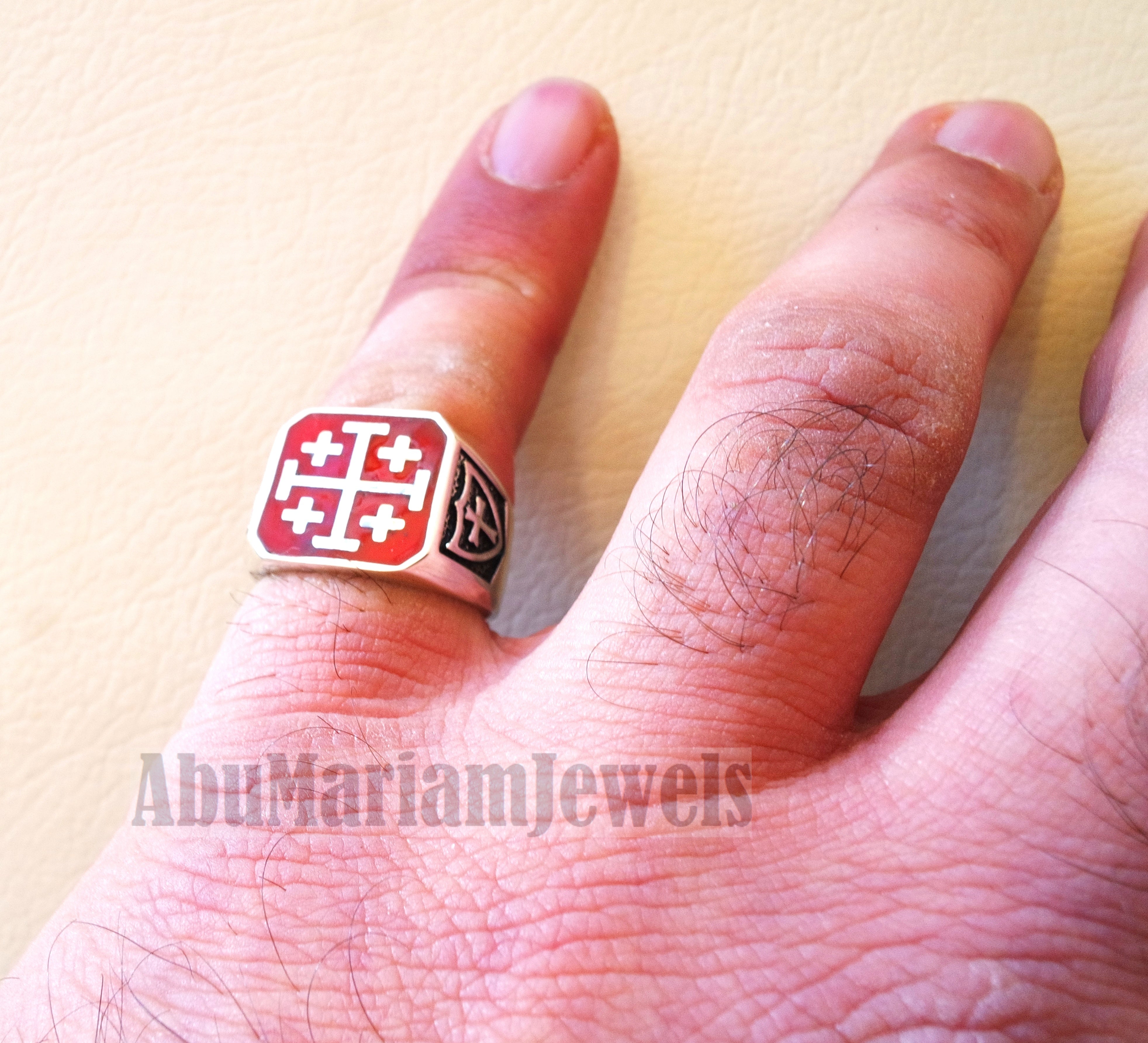 Jerusalem Cross ring christ christian symbol sterling silver 925 red enamel man gift jewelry fast shipping square shape Catholic Orthodox