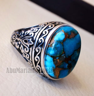 copper turquoise natural stone men sterling silver 925 ring oval cabochon semi precious gem Ottoman style all sizes jewelry