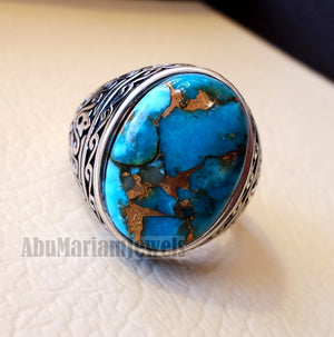 copper turquoise natural stone men sterling silver 925 ring oval cabochon semi precious gem Ottoman style all sizes jewelry