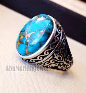 copper turquoise natural stone men sterling silver 925 ring oval cabochon semi precious gem Ottoman style all sizes jewelry