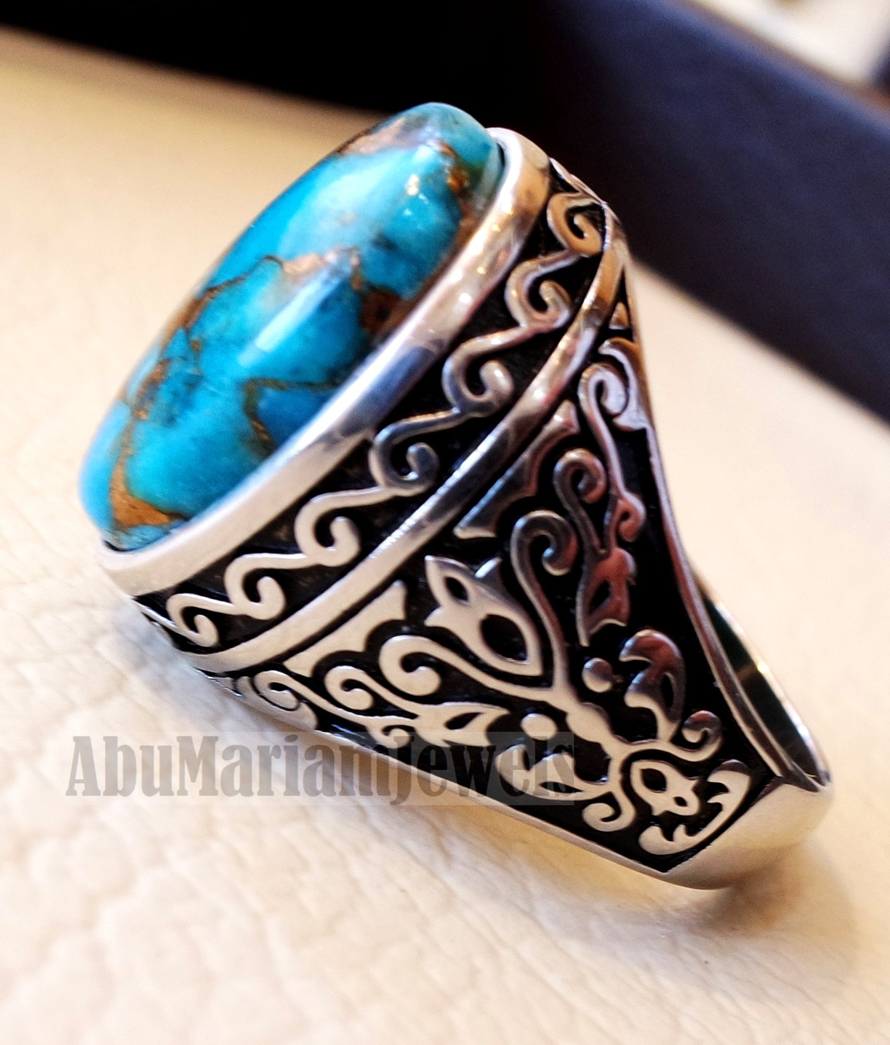 copper turquoise natural stone men sterling silver 925 ring oval cabochon semi precious gem Ottoman style all sizes jewelry