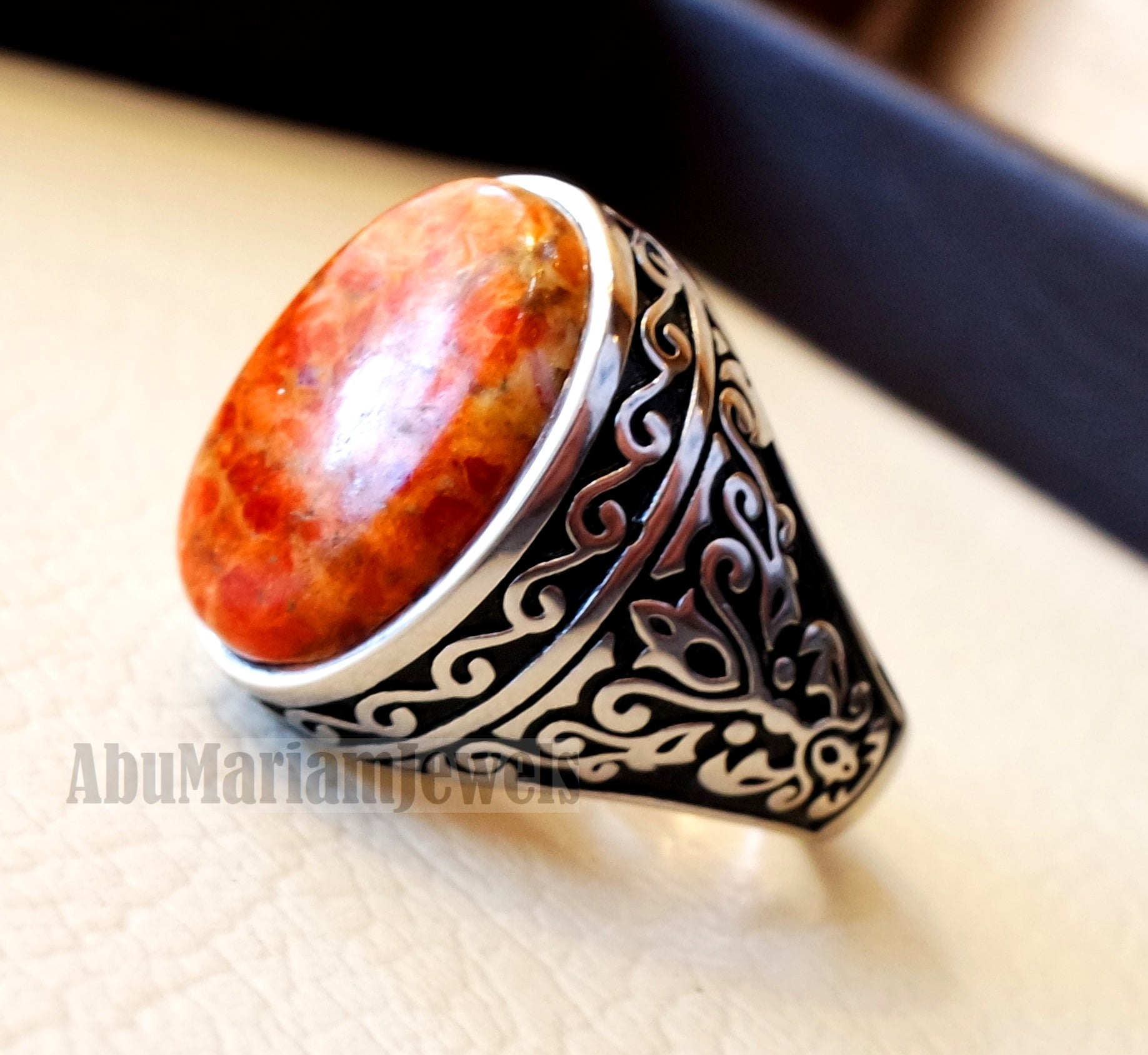 Sponge coral Murjan men ring orange brown red natural stone sterling silver 925 vintage turkish style all sizes fast shipping مرجان