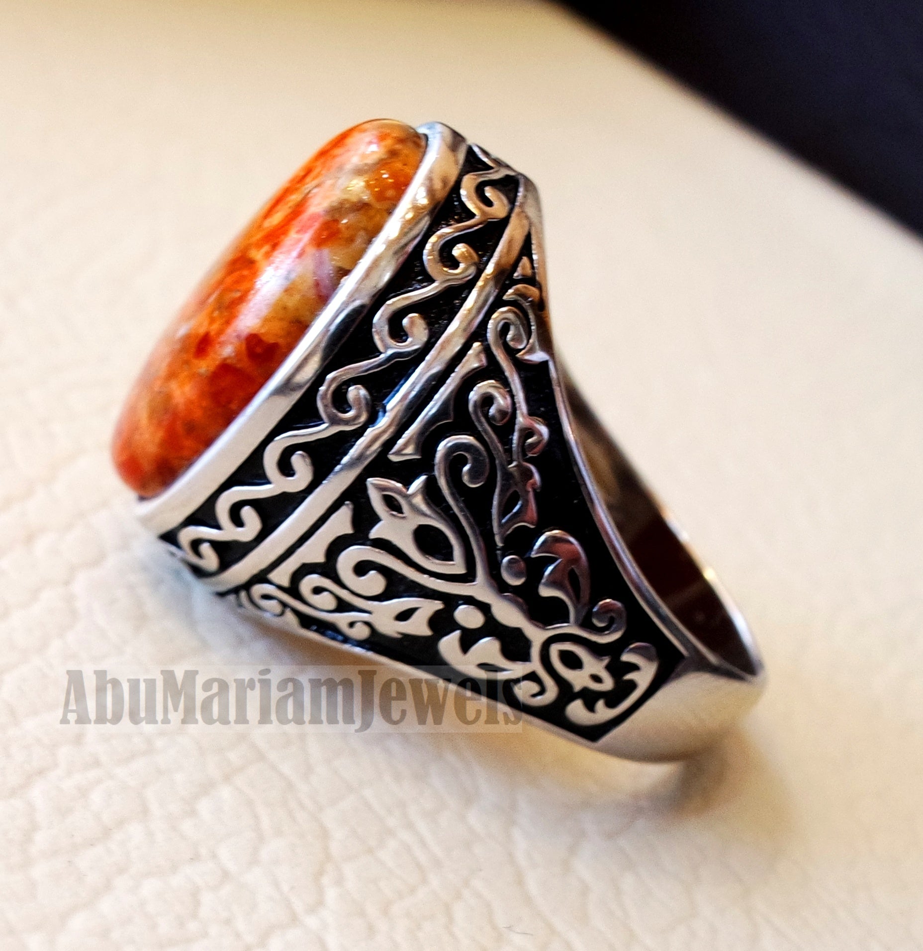 Sponge coral Murjan men ring orange brown red natural stone sterling silver 925 vintage turkish style all sizes fast shipping مرجان