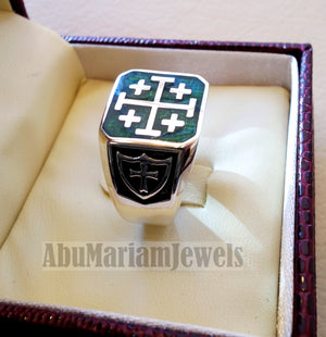 Jerusalem Cross ring christ christian symbol sterling silver 925 green enamel man gift jewelry fast shipping square shape Catholic Orthodox